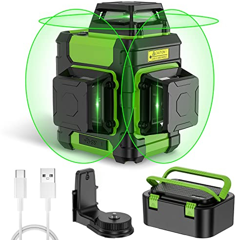 Huepar Laser Level 360 Self Leveling, Rechargeable Green Laser 3x360° Cross Line Lazer Leveler 3D Level Laser Tool for Construction and Picture Hanging, Strong Magnetic Bracket&Hard Carry Case -HM03CG