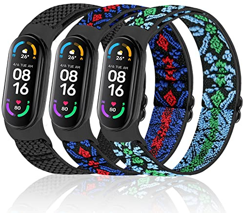 Enkic Elastic Adjustable Watch Straps - Compatible with Xiaomi Mi Band 7/6/5 - Stretchy Nylon Loop Replacement Sport Wristband for Women & Men
