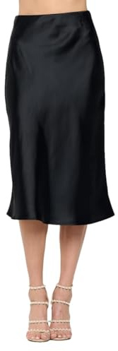 Women Solid High Waist Silky Casual Elastic Satin Midi Skirt - Made in USA(X-Small,Black)