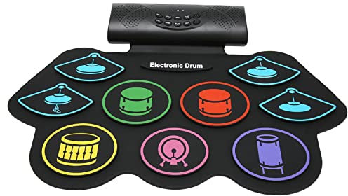 E Drum Pad Set, Externe Stimme, Tragbares Schlagzeug Übungs Pad, 9 Pads, Farbige E Drum, mit 2x5 W Lautsprechern für Anfänger und Kinder