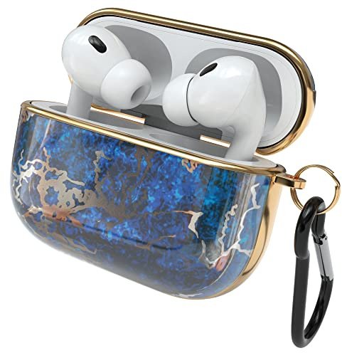 EAZY CASE - Schutzhülle für AirPods Pro 2 Hülle Blau Hard Case Stoßfest mit Karabiner geeignet als Schlüsselanhänger Antikratz Etui rutschfest Hardcase für Airpod Pro 2. Generation Dunkelblau Marmor