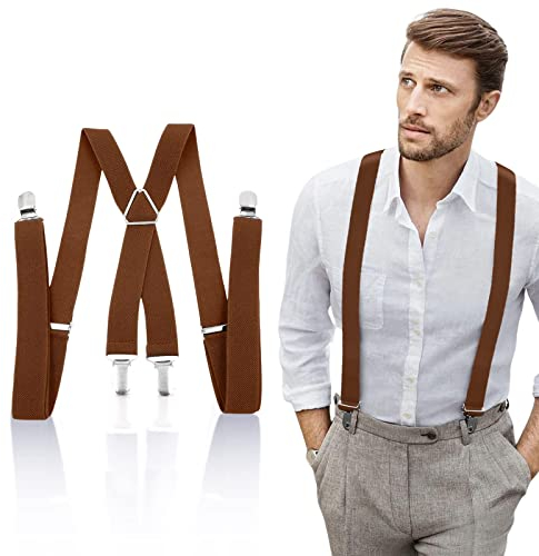 QESSUVNC Hosenträger für Herren Starken Herren Hosenträger schmal 2,5 cm 4 Metall Clip Lang Einheitsgröße für Männer und Damen Einstellbar Länge für Damen Buro und Elastisch X Style (Braun)