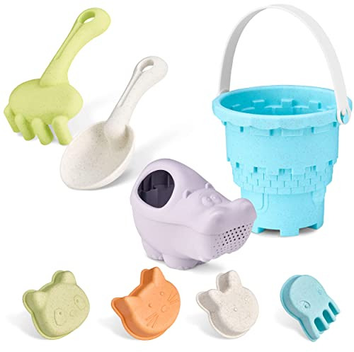 Balinco Sandkasten Spielzeug Bio, Strandspielzeug, Sandspielzeug-Set 8-teilig: Sandburg-Eimer, Gießkanne, Harke/Rechen, 4X Tier-Sandformen, Robust und langlebig, Bio Plastik