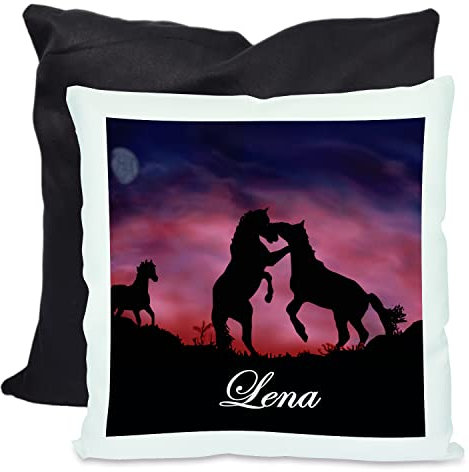 CreaDesign, Kinder Kissen 40x40 cm personalisiert mit Namen, Kinderzimmer Deko Kissen Kinder mit Füllung Federn, Motiv Pferde, Rückenfarbe Schwarz
