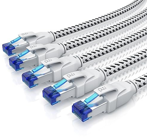 CSL - 5 x 0,25m 25cm CAT 8.1 Netzwerkkabel 40 Gbits, Baumwollmantel LAN Kabel Patchkabel Datenkabel RJ45, CAT 8 Gigabit Ethernet Cable, 40000 Mbits Geschwindigkeit, S/FTP PIMF Schirmung, weiß