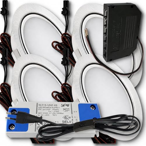 4er Set LED Möbeleinbauleuchte Emma 12V 3W Warmweiß 3000K | Ultra flach Ø55mm Einbaustrahler | 180lm | inkl. LED Trafo, Mini-Verteiler & 230V Zuleitung mit Schnurschalter | Für Möbel, Küche, Schrank