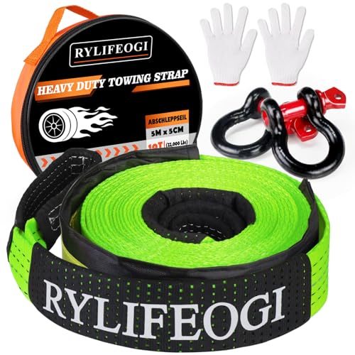 RYLIFEOGI Abschleppseil 10 Tonnen (22,000Lbs), 5mx5cm Heavy Duty Tow Strap mit 2 Verstärkten Haken 2 Handschuhen für Off-Road Fahrzeuge (Grün)
