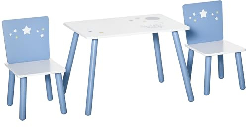 HOMCOM Juego de Mesa Infantil y 2 Sillas de Madera Mesa con Sillas para Niños de 2-4 Años Mesa 60x40x43 cm y Sillas 28x26x48 cm para Dormitorio Sala Blanco y Azul