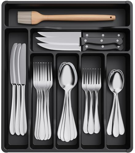 Lifewit Organizer Posate da Cassetto, Portaposate Porta Posate Cucina Cassetto Scolaposate Grande Porta Utensili Cucina, per Cucchiai Forchette Coltelli Stoviglie, 7 Scomparti, Nero