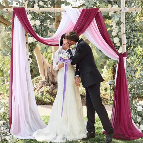 Lukery 3 Stücke Hochzeit Vorhang Hochzeitsbogen, Querbehang Gardine Freihanddeko Himmelbett Vorhänge Stoff Tüll Transparent Voile Dekoration für Party Hochzeit Geburtstag Taufe (75x600cm,Rot Weiß)