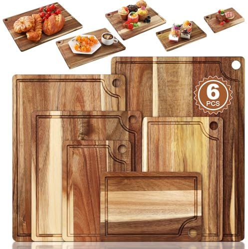 Ziliny 6 Stück Akazienholz Schneidebrett für Küche Set Charcuterie Boards Holz Schneidebrett für Fleisch, 17 x 12, 15 x 10, 12 x 10, 11 x 7, Doppel 22,9 x 15,5 cm, Einweihungsgeschenke