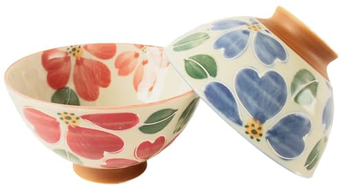 Mino ware Coppia di ciotole per riso in ceramica giapponese piena di fiori e foglie rosso e blu set realizzato in Giappone (Giappone importazione) MIG012