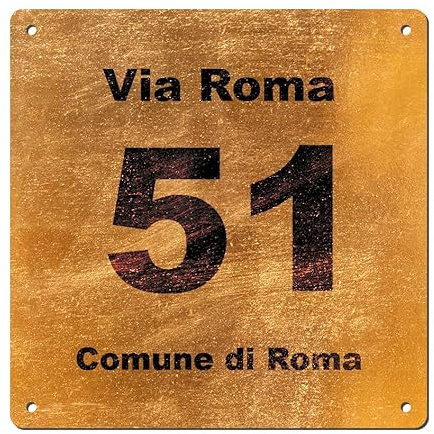 Numero Civico in piastra di alluminio composto rigido di spessore 3,5mm quadrato - Targa con numero e/o via personalizzata Omologata a rilievo oppure stampata (Oro)