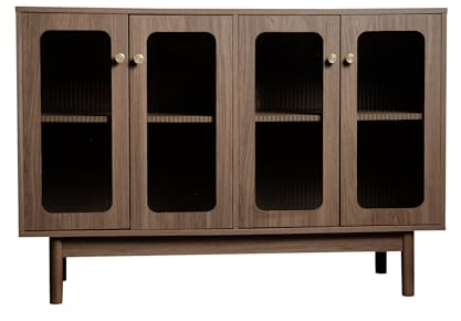 I0I&I0I Stilvolles Wohnzimmer Sideboard mit Glasvitrine, 4 Glastüren mit vertikalen Streifen - Nussbaum Finish. Multifunktional, Robust, Einfacher Zusammenbau (120 * 40 * 82cm)
