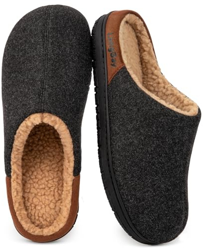 LongBay Herren Warme Winter Hausschuhe mit Memory Foam und Sherpa Futter | Weiches Sherpa Futter, Rutschfeste Gummisohle, Slip on, Warm für Winter, Ideal für Wohnzimmer und Hof, Geschenk