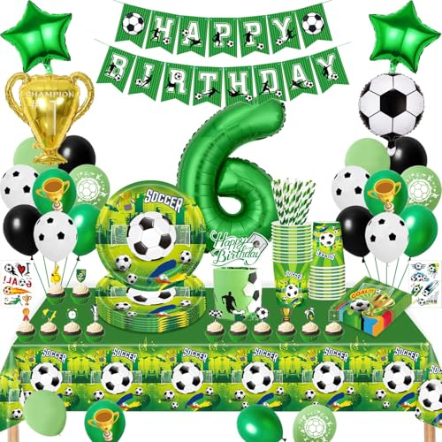 Fotboll födelsedag dekoration 6 år, fotboll festservis set, födelsedagsdekoration 6 år pojke, fotboll ballonger papperstallrik koppar servetter bordsduk för fest barns födelsedag dekoration 16 gäster