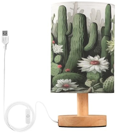 SKYSHU Lampe de chevet en forme de cactus - Petite lampe de bureau LED USB avec base en bois antidérapante et abat-jour agréable pour les yeux - Pour salon, chambre à coucher, dortoir, maison, bureau