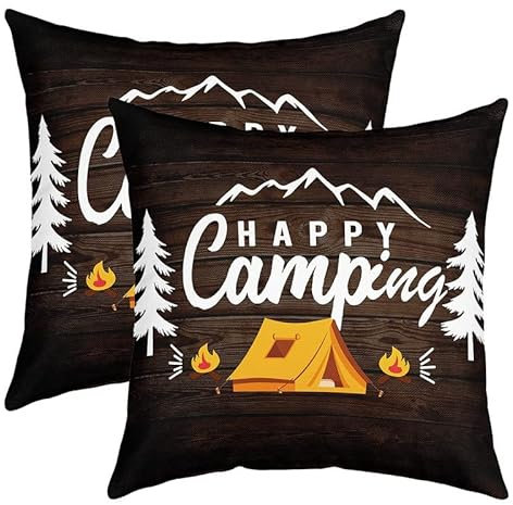 KHYYTTRFD Happy Camping Wende-Kissenbezüge, Wohnmobil Kissenbezug, Heimdekoration für Kinder, Wohnmobil, Camping, quadratisch, 2 Stück, Wohnwagen-Zubehör für Reiseanhänger, 50,8 x 50,8 cm