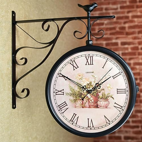 Orologi industriali su entrambi i lati, orologio da parete da giardino, stile vintage, con staffa per stazione ferroviaria per rotazione a 360°, orologio da appendere in ferro battuto