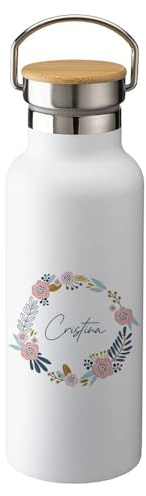 Regalisimos Botella Térmica Personalizada con Nombre Diseño Floral Flores Botellas de Agua Acero Inoxidable Tampón Ancho Bambú Doble Capa 500 ml Bebidas Frias y Calientes