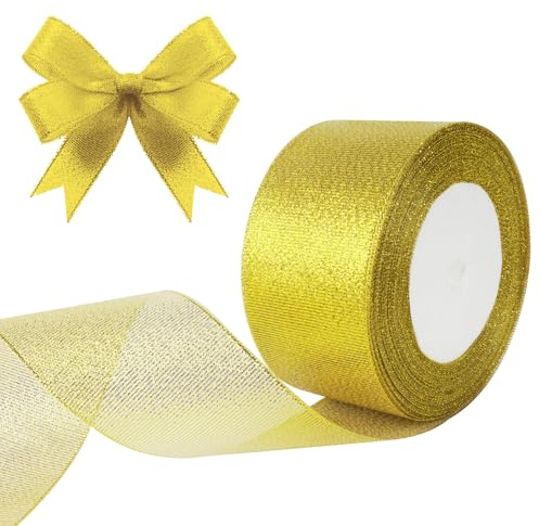 HOTUT Nastro di Organza Dorato 50mm x 22 Metri con Glitterato, Tulle Oro per Confezioni Regalo, Decorazione per Matrimoni, Natale, Fiocchi e Fai da Te