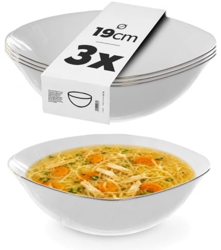 KADAX Vit glasskål med guldkant, salladsskål, sats skål, mikrovågsugnssäker müsliskål, serveringssöm för sallader, soppor, förrätter, frukt (vit/guld, 3 stycken)