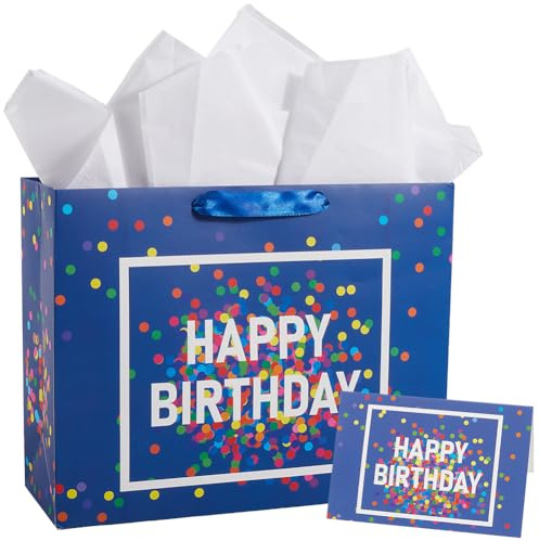 SOFPLATE 1 Set „Happy Birthday“ Geschenktüten Mit Punkten 13x10.2x4.7(1) cm Groß Rechteckig Einkaufstüten Aus Seidenpapier Grußkarte Blaues Geburtstagspaket Für Freunde Männer Frauen Unisex Party Und