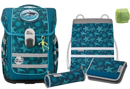 Familando - McNeill Ergo Complete Schulranzen Set - 6-teilig mit Federmappe - Orca Wal - Ergonomisch & 3-Fach verstellbar - 1150g leicht mit 20L Volumen & Reflektoren - aus recyceltem Ocean Plastic