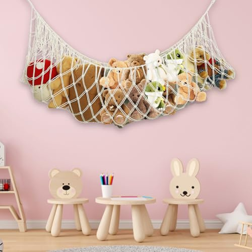 QINGLANG Teddy Hammock Cuddly Toy Storage Hammock for Stuffed Animals Bed End Extra Large Stuffed Animal Holder Net Tassel Design Stuffed Toy Hammock Net for Kid Room Playroom