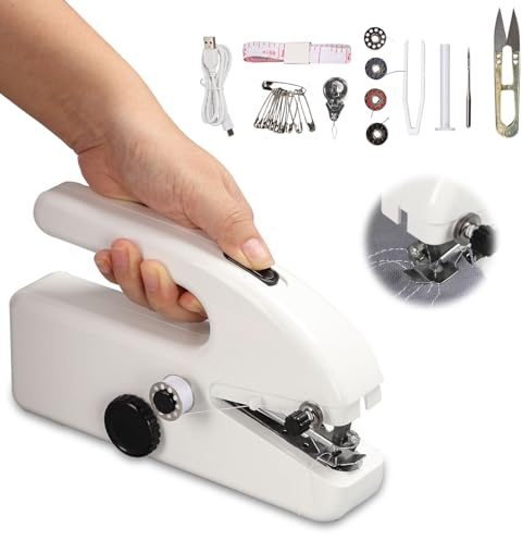 BigKing Tragbare elektrische Mini-Nähmaschine, weiß, 20 x 4,7 x 11,98 cm, elektrische Nähmaschinen mit Nähset, batteriebetrieben oder USB, für Stoffe, Kleidung und Vorhänge