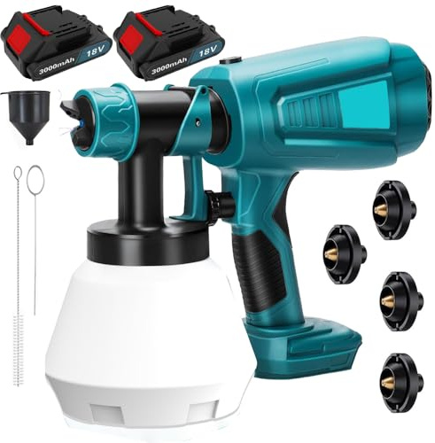 Farbsprühsystem mit 2X 3000mAh Akku und Ladegerät, 18V Farbspritzpistole mit 1000 ml Behälter, 4 Düsen, Farbspritzpistole zum Streichen von Wänden, Decken, Möbeln, Gartenzäunen Blau