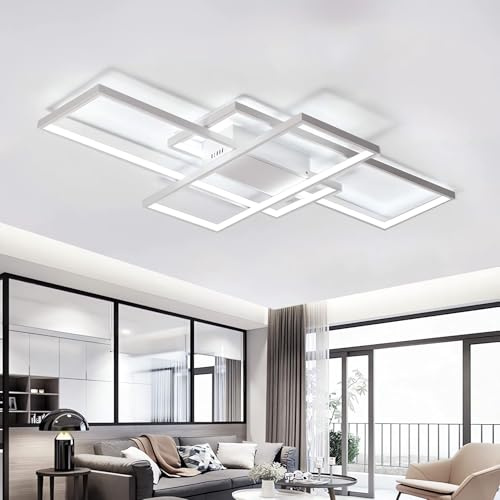 J.SUNUN Deckenlampe Wohnzimmer Modern LED Deckenleuchte 80CM Kaltweißes Licht 6000K 3-Ringe Rechteckige Geometrisch Deckenbeleuchtung Für Wohnzimmer Schlafzimmer Esszimmer Decke lampe weiß