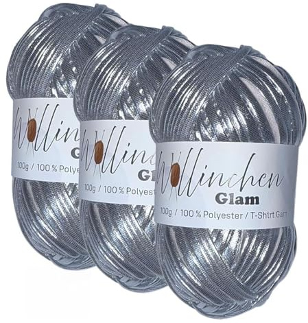 Wollinchen Glam – Metallic T-Shirt Garn 100 % Polyester, 100 g – Glänzendes Häkelgarn – Stretchy & Stabil – Ideal für Taschen, Deko, Makramee & DIY (metallic silber)