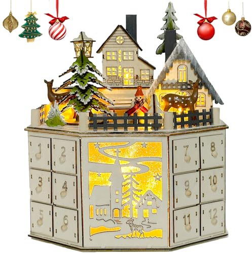 XMPEKO Wooden Christmas Advent Calendar with 24 Drawers & LED Lights,24 Days Christmas Countdown Calendar with Music,Empty Advent Calendar to Fill Yourself,Xmas Holiday Decor Gifts for Adults Kids