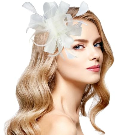 Fascinator för Kvinnor, Mesh Hårklämma och Hårband med Fjäder och Blomma, Elegant Accessoar för Bröllop och Fester (Kräm)