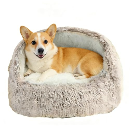 HaiTaoSy Hundehöhle (L) 70cm, Kuschelhöhle für Kleine mittelgroße Hunde/Katzen, Warm und Weich, Flauschiges Hundebett mit Dach, Rutschfestes hundekörbchen Waschbar, Khaki-Farbverlauf