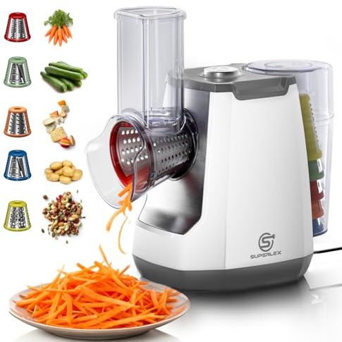 SUPERLEX Electric Cheese Grater 5 in 1 Vegetable Slicer and Shredder Multifunctional Rotary Grater with 5 Interchangeable Drum Blades for Cheese Fruit Vegetables Carrots Nuts Easy Clean Food Processor