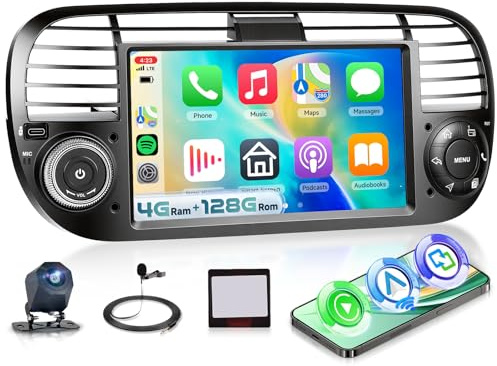 4G+128G Android 15 Car Radio Stereo for Fiat 500 2007-2015 5GWiFi | Hodozzy 7 HD IPS Touchscreen Radio with Wireless Carplay Android Auto BT 5.0 GPS FM/RDS USB/Type-C SWC Reverse Camera