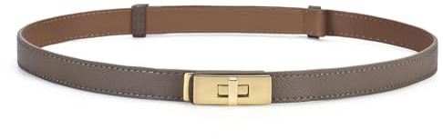 HATOFES Verstellbarer Skinny-Ledergürtel für Damen, solide Legierung, Drehverschluss, schmal, dünner Taillengürtel, Taillenbund, dekorativer Gürtel für Kleider, Jeans, Hosen (Graubraun-Gold)