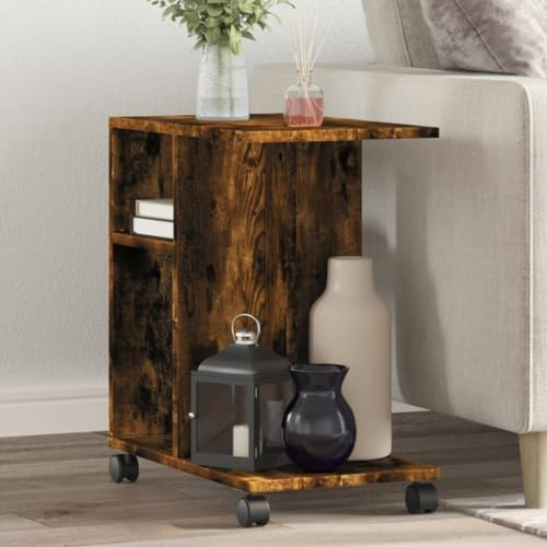 mtlskopl Beistelltisch Räuchereiche 50x30x55 cm mit Rollen Modernes Side Table für Wohnzimmer Schlafzimmer & Flur Couchtisch aus robustem Holzwerkstoff mit Bremsen