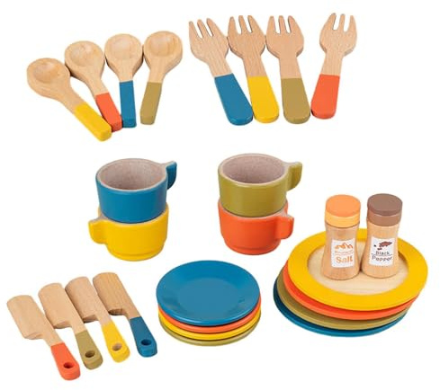 RCGOFOLLOW Wooden Dish Set For Girls Toddlers Tea Set Play Encouraging Color Matching Skills And Imaginative Role Play Kitchen Cutlery And Plate For Kids