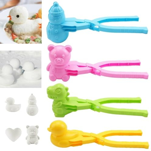 4 Stück Schneeballzange Sandball Schneeball Former Clip Schneespielzeug Kinder Sand Spielzeug Winter Schnee Spielzeug Winter Outdoor Spielzeug Snowball Maker,Form Bär,Schneemann,Ente,Dinosaurier (A)
