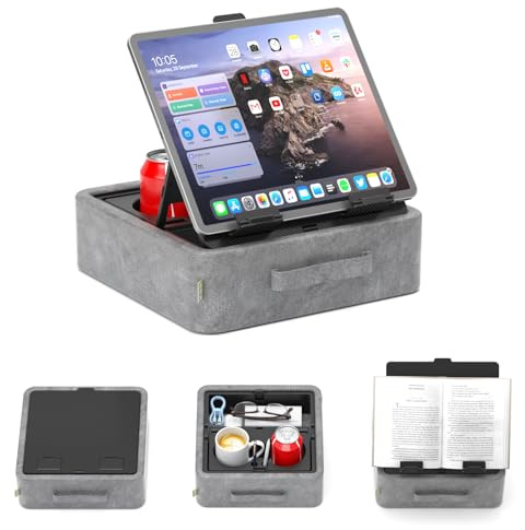 KDD 5 en 1 Coussin Support Tablette, Support de Lecture Pliable avec Plateau de Rangement & 2 Porte-gobelets, Porte iPad Réglable pour Genoux, Lit, Bureau, Canapé, Compatible avec Tablettes, Livres
