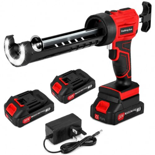 Cordless Caulking Gun, 20V Electric Silicone Sealant Gun with 2X 2.0Ah Batteries & Fast Charger, 2000Nm Dispense Force, 4 Adjustable Speeds, Built-in LED Light, 360° Rotatable for Window Sink Floor