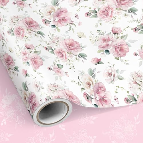 SHUCHING Papel de Regalo Flores Rosas - 43cm x 10m, Rollo Papel Regalo Rosa Reversible para Niñas Mujeres, Cumpleaños, Boda, San Valentin, Bridal Shower