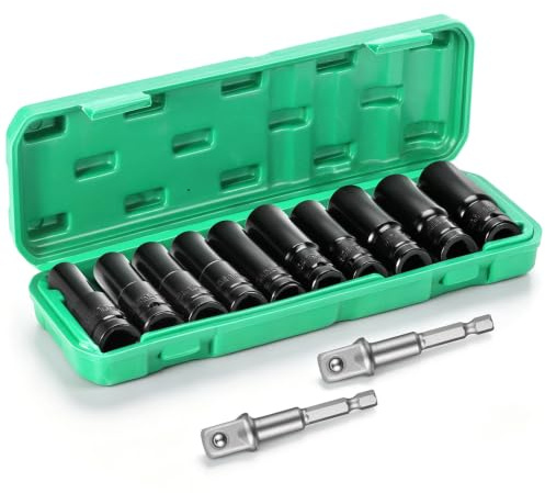 1/2 Drive Deep Impact Socket Set 10pc, 10–24mm Metric, Heat-Treated Steel | 10–24mm deep sockets | 6-point bolt-lock design | heat-treated & phosphated steel | 2 hex adapters | storage case