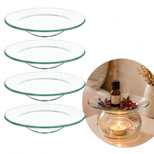 4 PCS Replacement Glass Dish For Oil Burner and Wax Melt Burner, 10cm Replacement Oil Warmer Dish, Round Glass Oil Burner Dish for Aromatherapy Lamp and Tart Warmer, Universal Fit, Durable