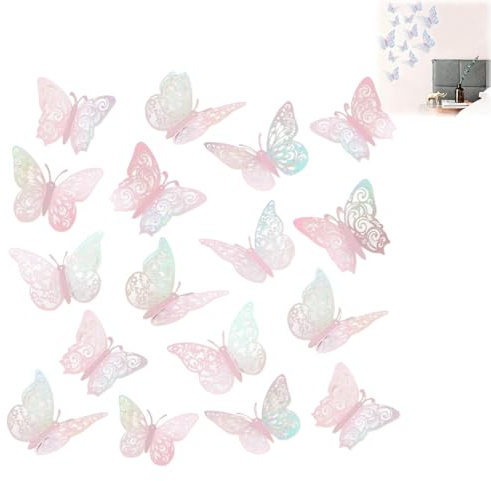 36PCS Pink Gradient 3D Butterfly Wall Stickers,3D Multicolor Butterfly Wall Sticker,Self-Adhesive Hollow B-utterfly Stickers,Removable Reusable B-utterfly Decorations,3 Sizes,for Home Party Wedding