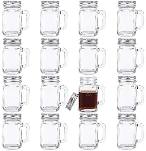 Kingrol Paquete de 16 vasos de chupito de 2 onzas con tapas, tarros de vidrio para bebidas, postres, velas, manualidades