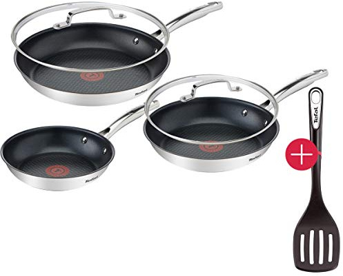 Tefal G48528 Induktion Pfannenset Pfanne 6 teilig 20 + 24 + 28 cm + Jamie Oliver Deckel 24 + 28cm + Ingenio Pfannenwender, Titanium Force Antihaftversiegelung, Edelstahlgriffe, Induktionsherd geeignet